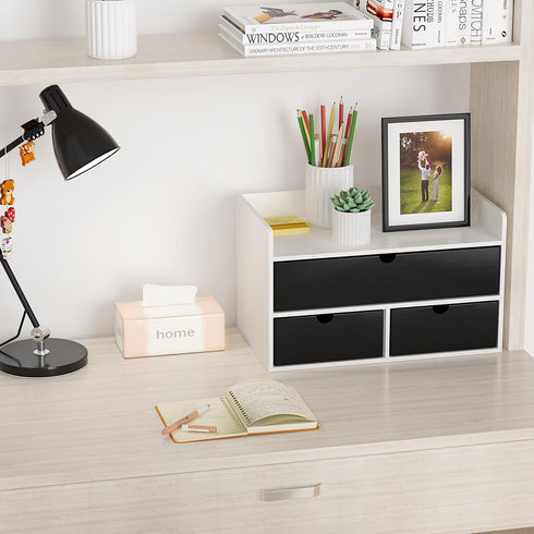 Wisuce Desk Organizer with Drawers - White-Black Bamboo Desktop Organizer Storage for Bills, Office Supplies,
