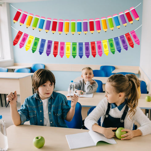 Doumeny 4Pcs Colorful Crayon Paper Banner Back to School Pencil Bunting Garland Colorful Pencil Hanging Bunting First
