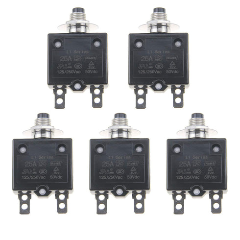 5Pcs 25A Push Button L1 Series Manual Reset Thermal Circuit Breaker, 125-250V AC, 50V DC