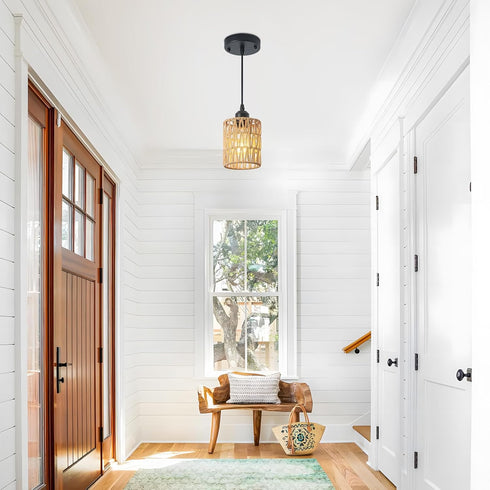 Rattan Chandelier Pendant Lights Kitchen Island,Farmhouse Boho Chandeliers Adjustable Height Hanging lamp for Dining