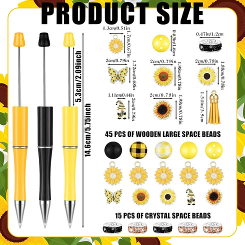 ReliThick 15 Sets Sunflower Beadable Pens, Bulk Plastic Beadable Pens, Black Ink Ballpoint Pen DIY Set for Women Kids