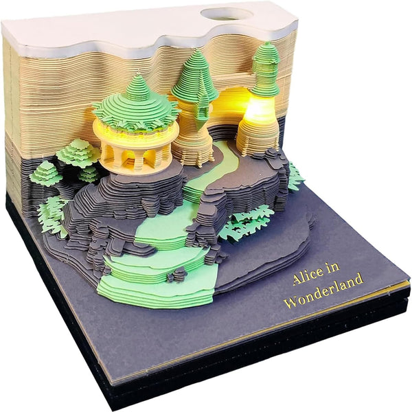 Castle 3D Memo Pad with Light, 210 Sheets, Alice in Wonderland Paper Art, Non-Sticky Stickers, DIY Post Notes