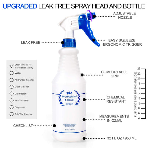 Plastic Spray Bottle 2 Pack - 32 Oz Heavy Duty All-Purpose Spraying Bottles, Leak Proof with Adjustable Nozzle