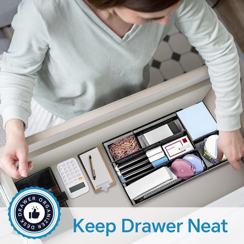 Desk Drawer Organizer, Black - Office Drawer Divider Tray with 6 Compartments, Metal Mesh for Stationery & Makeup