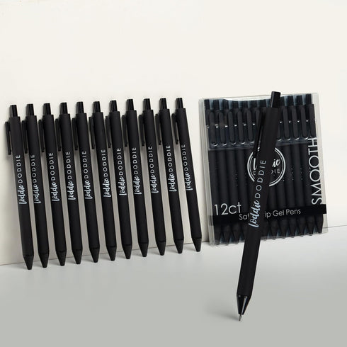 Loddie Doddie Black Gel Pens for Journaling and Note Taking - 12 Pack, 0.7 mm Medium Point Smooth Writing Retractable Pens, No Bleed Non Smudge