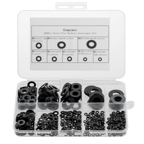 Eowpower 500 Pieces Black Nylon Flat Washers Assortment Kit for M2 M2.5 M3 M4 M5 M6 M8 M10 Screw Bolt