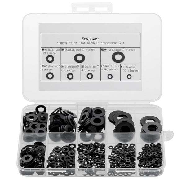 Eowpower 500 Pieces Black Nylon Flat Washers Assortment Kit for M2 M2.5 M3 M4 M5 M6 M8 M10 Screw Bolt