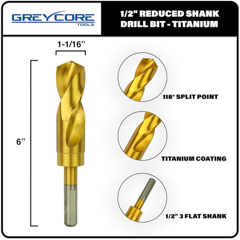 Tools 1-1/16 Inch Reduced Shank Drill Bit, 1/2" 3-Flat Shank, High Speed Steel with Industrial Titanium Coating