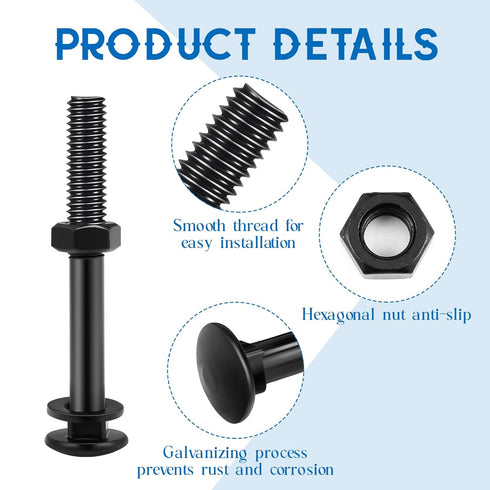 Zonon Carriage Bolt Kit, Galvanized Carriage Bolt Set with Rust Resistance Bolts, Washers, and Nuts (12 Sets, Black,