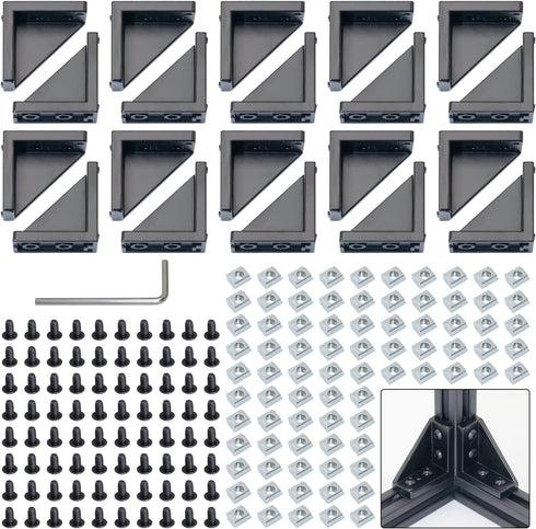 2040 Corner Bracket Kit, 20pcs Corner Brackets, 80pcs Hexagon Socket Screws, 80pcs Slide Nuts, 1 Hex Wrench for 6mm Rail