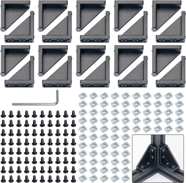 2040 Corner Bracket Kit, 20pcs Corner Brackets, 80pcs Hexagon Socket Screws, 80pcs Slide Nuts, 1 Hex Wrench for 6mm Rail