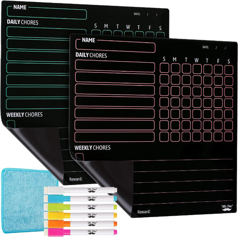 Mr. Pen Magnetic Dry Eraser Chore Chart for Multiple Kids, 2 Pack with 6 Eraser Cap Markers, Refrigerator Chore Board