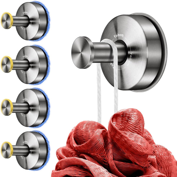 YOHOM Suction Cup Hooks for Shower Bathroom, 4 Silver Wall Cups for Inside Vacuum Windows