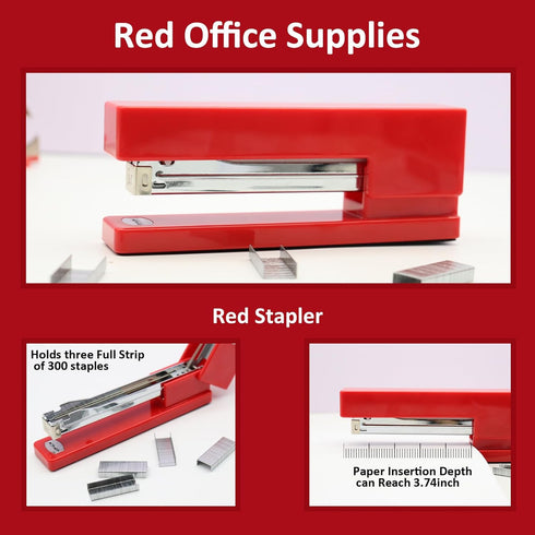 UPIHO Red Office Supplies Set - Red Desk Accessories, Stapler, Tape Dispenser, Scissors, and More for Women
