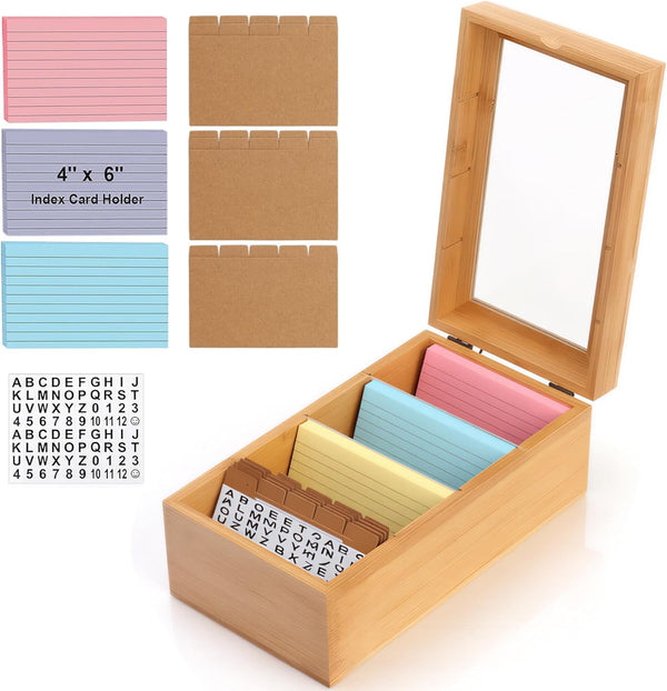 Zonvium Bamboo Index Card Holder, 3x5 Bamboo Index Note Business Card Box with
