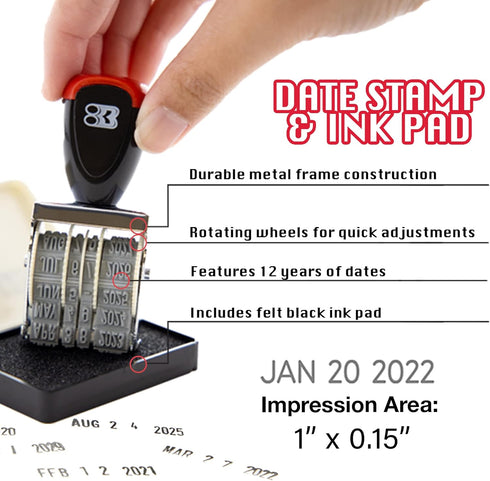 BAZIC Date Stamp and Ink Pad (Black Ink), 12 Years of Dates, Nickel-plated steel, Stamp Impression Size 1" x 0.15", Great for Office, Shipping, Receiving, Accounting, Expiration, Due Dates, 2-Pack by BAZIC Products