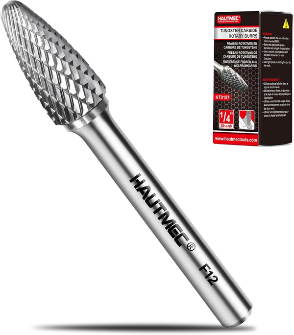 HAUTMEC Tungsten Carbide Rotary Burr Bit – 1/4" Shank, Double Cut Rotary File for Die Grinder, Professional Grade