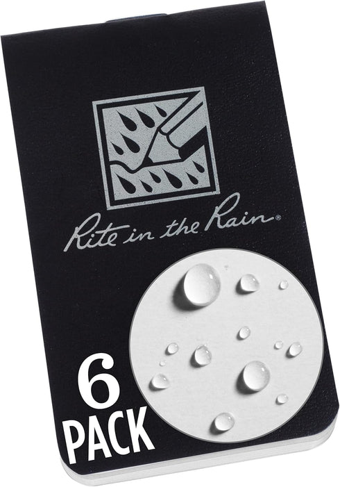 Rite in the Rain Weatherproof Wallet Notebook, 2" x 3.375", 6 Pack, Black Cover, Blank Pages