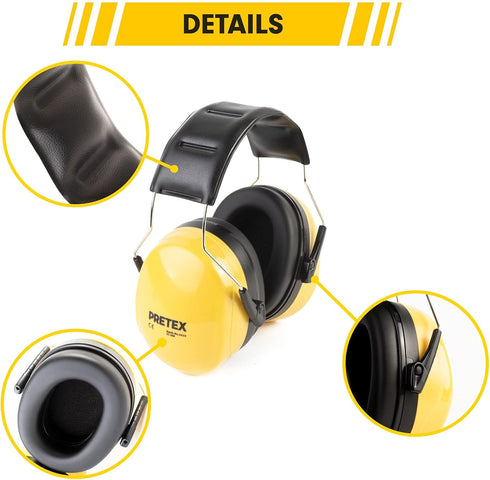 PRETEX Yellow Ear Defenders - Adjustable Over-Ear Muffs with SNR 34dB Noise Cancellation for Work or Home Protection.