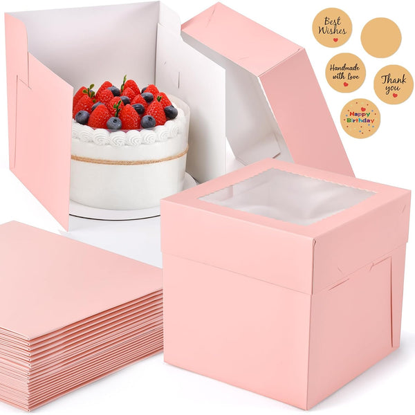 12Pcs Pink Square Cake Boxes with Window, 8x8x8 Inches Disposable Bakery Carrier for Pastries, Cookies, Cupcakes,