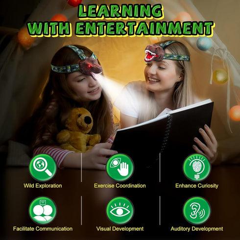 Kids Dinosaur Headlamp Flashlight - Rechargeable LED Headlights with Roar & Silent Mode, T-Rex Toys