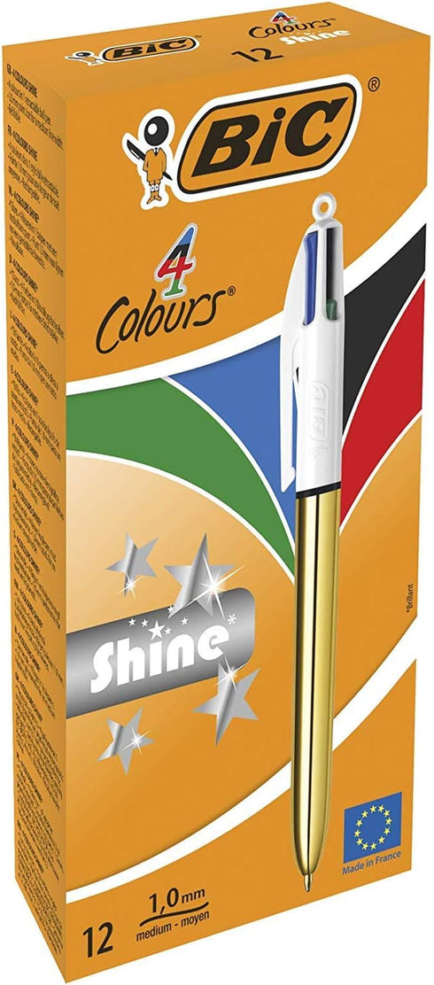 Bic 4 Colours Shine Ballpoint Pens, Medium Point (1.0 mm), Metallic Gold Barrel, Box of 12