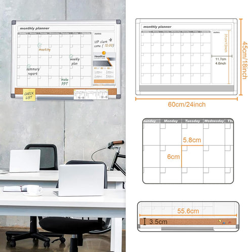 MAKELLO Dry Erase Calendar for Wall, Whiteboard Calendar with Cork Board for Office, Home, School, Family, Kitchen,