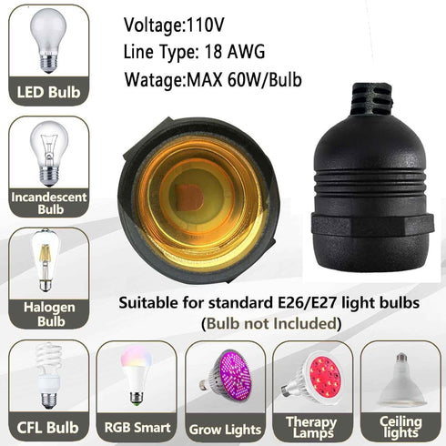 10 1 Pack E26 E27 Feet Waterproof Wire Electric Light Socket, Outdoor Black Plug in Pendant Light, Socket for Vintage