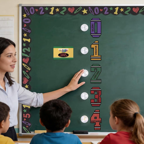 5 5 VIHOSE Voice Level Chart for Classroom, Crayon Style Magnetic Noise Level Rules Sign Poster with Number Signs & LED
