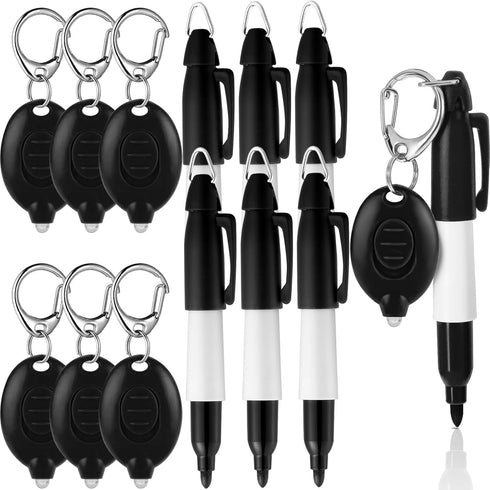 Zonon 12 Pcs Mini Flashlight Keychain Permanent Markers, Classic Black Bullet Tip for Nurse Badge Key Rings