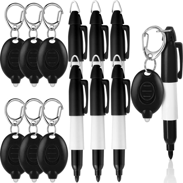Zonon 12 Pcs Mini Flashlight Keychain Permanent Markers, Classic Black Bullet Tip for Nurse Badge Key Rings