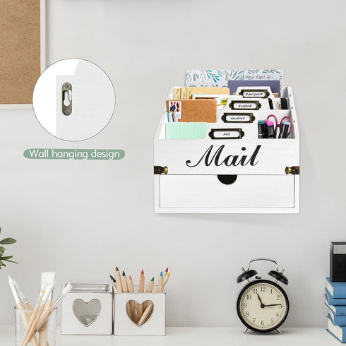 Wood Mail Organizer Countertop, Desktop Mail Holder with 4 Compartments and Drawer, File Organizer Wall Mount, Desk