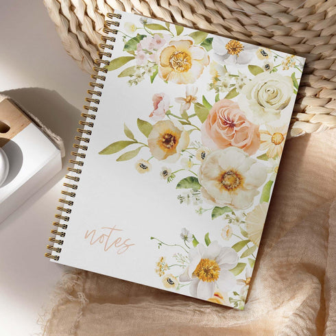 Floral Bouquet Spiral Notebook, 8.5" x 11" Journal, 120 College Ruled Pages, Durable Gloss Laminated Softcover, Gold
