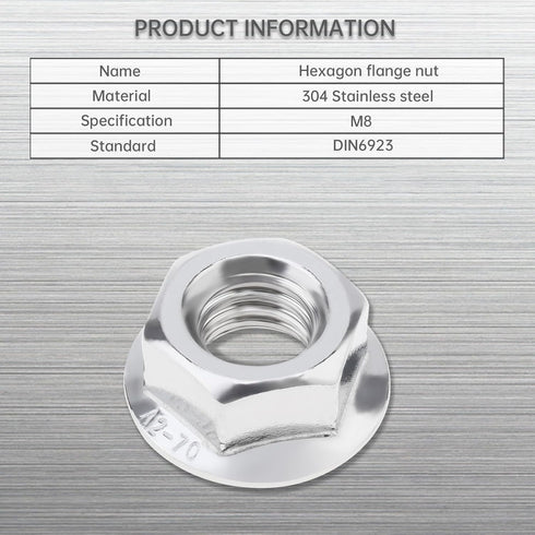 M8 x 1.25mm Serrated Flange Hex Lock Nuts, 20pcs Hexagon Flange Nuts, 304 Stainless Steel, Full Thread, DIN6923 Standard