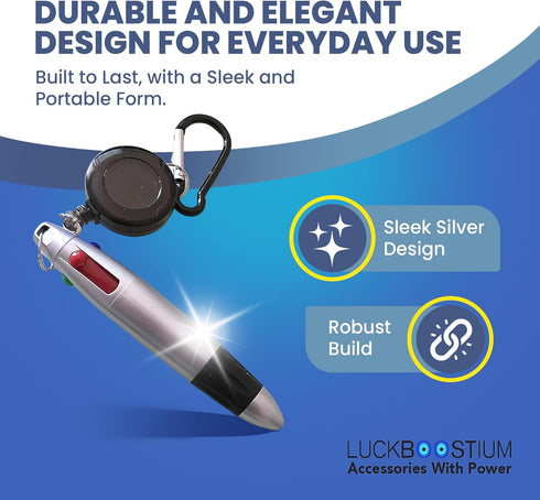 LUCKBOOSTIUM 4-in-1 Multi-Colored Ballpoint Pens - Keychain with Carabiner, Badge Reel & Belt Clip - Ideal Gift