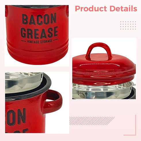 Red Enamel Grease Container with Strainer & Spatula - Perfect for Cooking Oil and Bacon