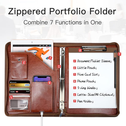 WRIYES Leather Padfolio with 3 Ring Binder, Zippered Portfolio Organizer, Professional Business Binder for