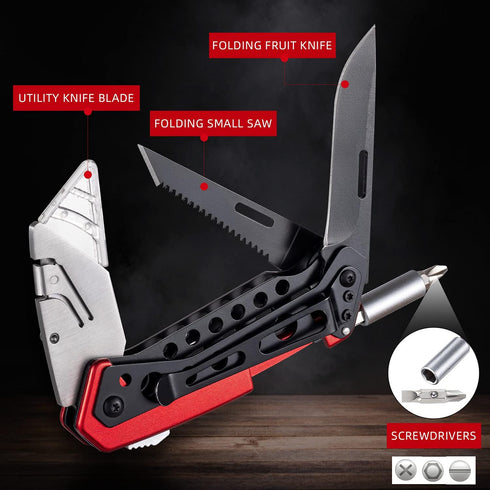 edcfans Folding Utility Knife Box Cutter with 5 Razor Blades, Screwdriver, Saw, Fruit Knife, Lock Design, Pocket Clip and Holder for Belt, EDC Heavy Duty Work Knifes, Gift for Men Dad Him by edcfans