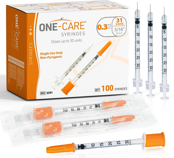 ONE-CARE Syringe 0.3 ml/cc, 31G x 5/16 (8mm), Individually Wrapped, Orange Cap,