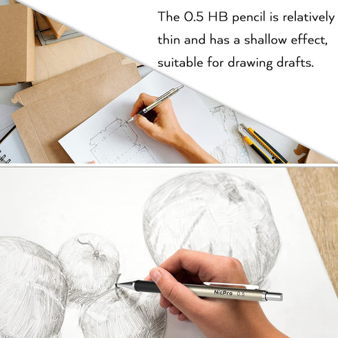 Nicpro 0.5 mm Art Mechanical Pencils Set, 6 PCS Metal Drafting Pencil with 6 Tube HB Lead Refills & 18 Eraser Refills