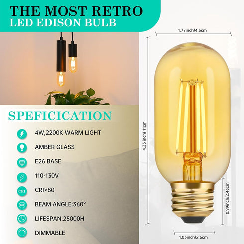 AMDTU LED Edison Bulbs, 40 Watt Dimmable, 4W E26 Bulb, 2200K Warm Yellow, T45 Amber Glass, 4 Pack