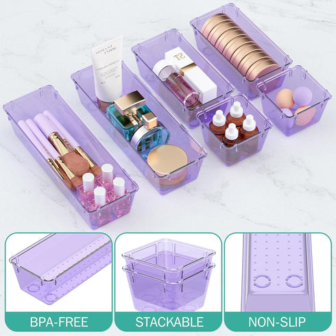 WOWBOX 12 Pack Clear Acrylic Drawer Organizer Set, Storage Bins for Makeup, Jewelry, Office, Purple