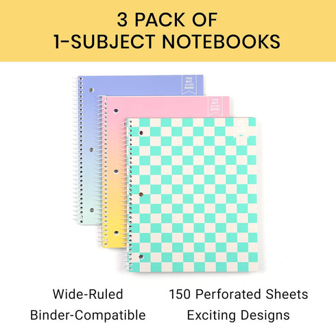 Yoobi Wide Ruled Spiral Notebook Set – 3-Pack of 1 Subject Notebooks, Bright Pink, Blue & Green Designs – 150 Perforated 3-Hole Punched Sheets Each, For School, Office & Home – 10.5” x 8” by Yoobi