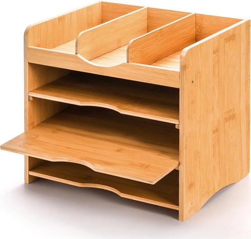 DEAYOU Bamboo Desk File Organizer, 13" Document Letter Tray Sorter with 2 Adjustable Shelves, 4 Tier Mail Organizer