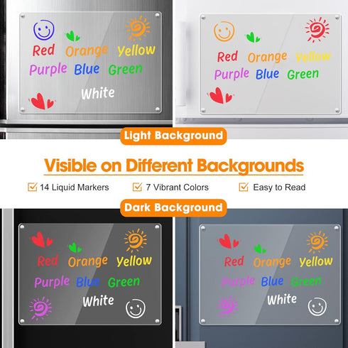 Liquid Chalk Markers for Acrylic Fridge Calendar, 14 Pack, 7 Vibrant Colors, 1mm Fine Points, Easy Wet Erase