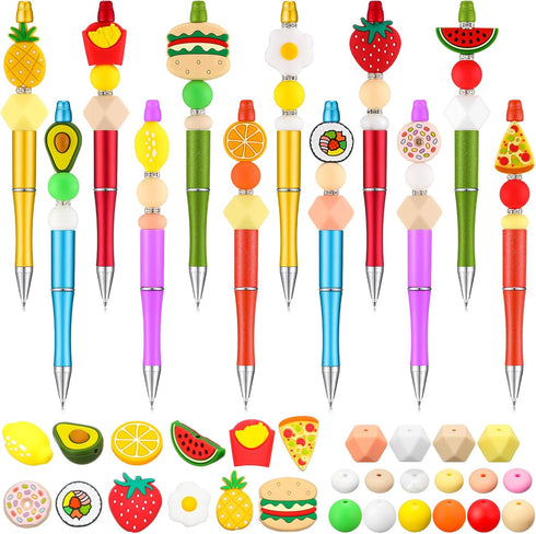 Ctosree 12 Pcs Beadable Pens Kit, Silicone Focal Beads for DIY Cute Animals Bead Pens for School Supplies