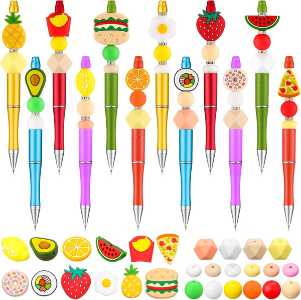 Ctosree 12 Pcs Beadable Pens Kit, Silicone Focal Beads for DIY Cute Animals Bead Pens for School Supplies