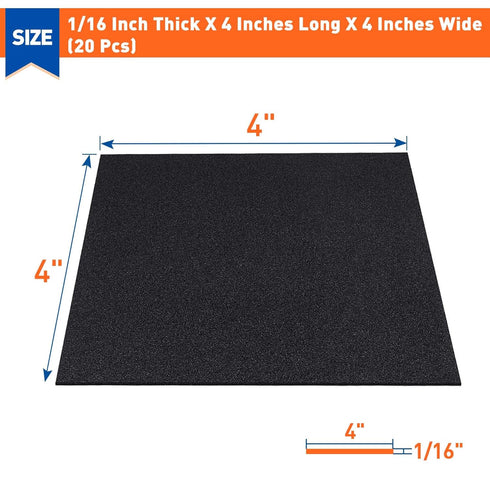 MAGZO 20Pcs Adhesive Foam Padding 1/16 in Thick X 4 in X 4 in, Black Anti Vibration Pads