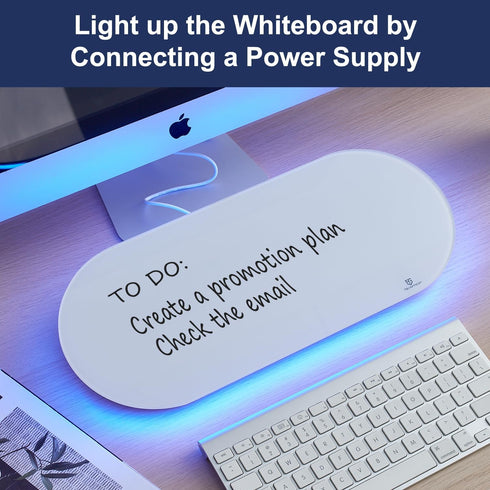 TSJ OFFICE Glass Desktop Whiteboard - 17 X 7 Inches Small Dry Erase Board with Blue Light, Notepad with Drawer for