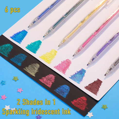 Dyvicl Dual Metallic Gel Pen Set of 6, Liquid Glitter Iridescent Pens for Adult Coloring, Doodling, Scrapbooking